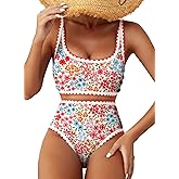 Herseas Women's Bikini Sets Floral Print Whip Stitch 2 Piece Swimsuits High Waisted Scoop Bathing Suits