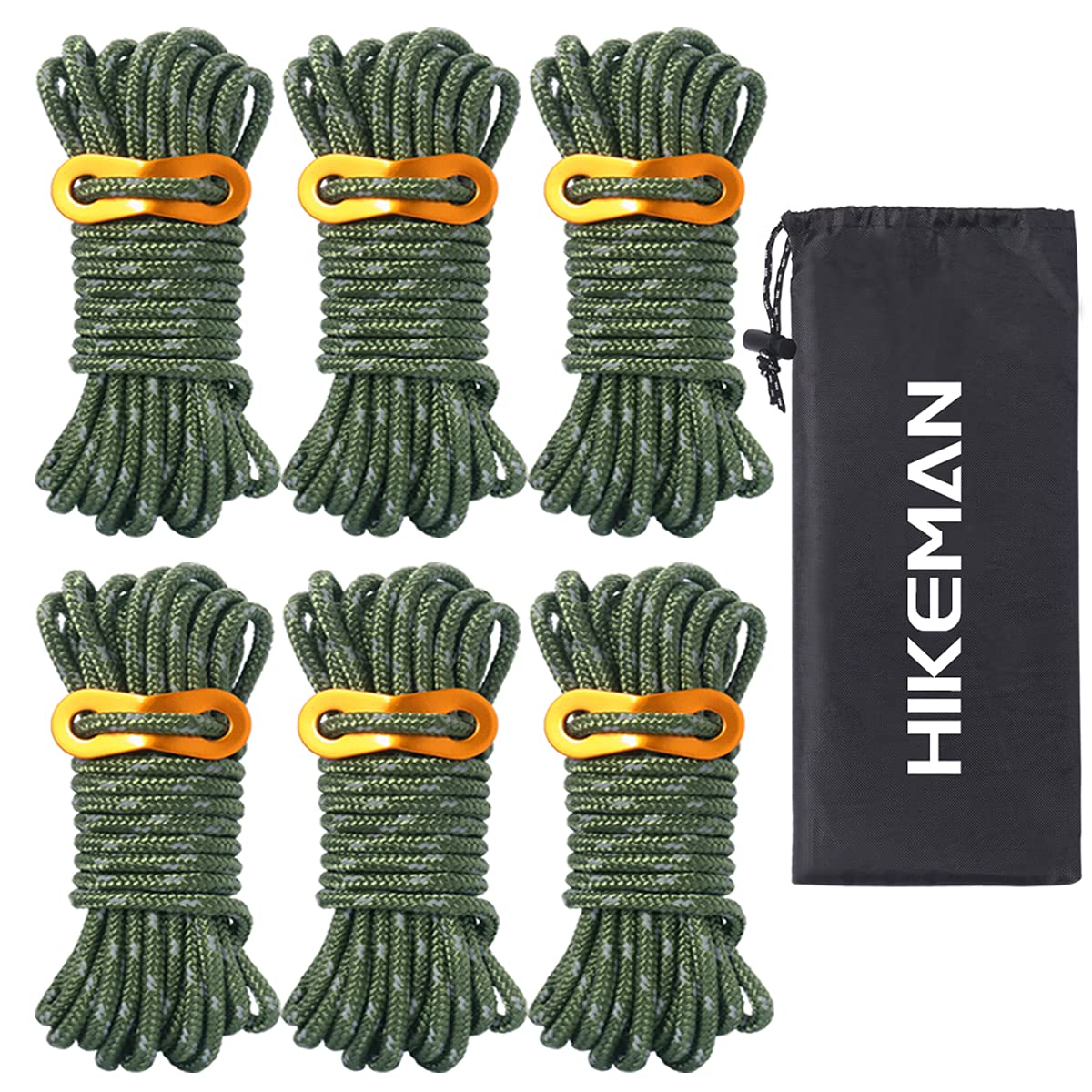 6pcs Reflective Tent Guy Ropes - 5mm Tent Guy Line Heavy Duty Guide Rope with Tensioner Adjuster for Outdoor Camping Hiking Awning Tarp Tents (Army Green)