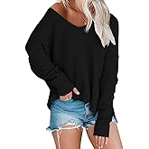 Women’s Off Shoulder Knit Sweaters Oversized V Neck Long Sleeve Loose Lightweight Pullover Tops