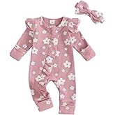 allshope Infant Baby Girl Fall Outfit Sweatshirt Romper Floral Print Long Sleeve Jumpsuit Newborn Waffle Clothes