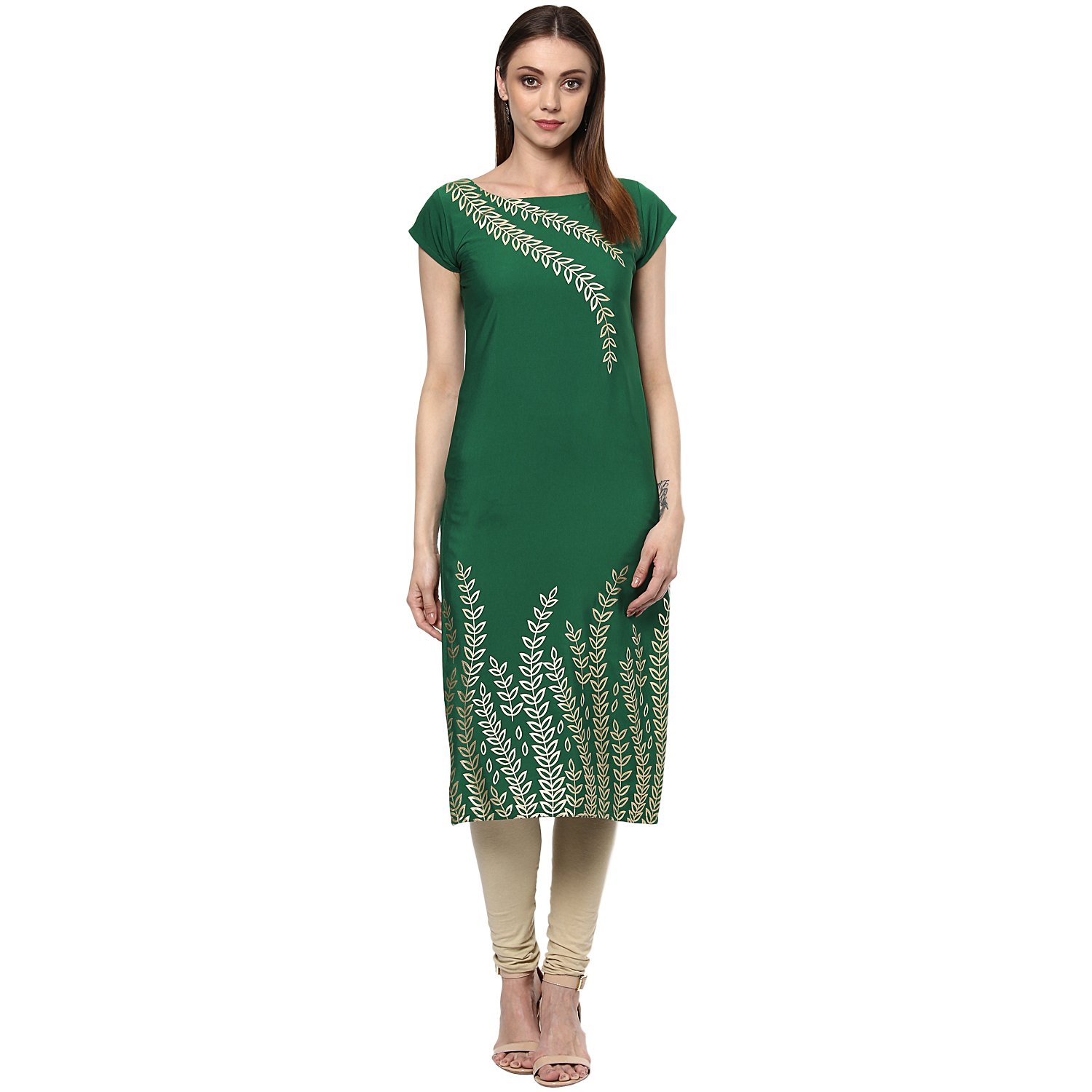 ziyaa women's green color self print straight crepe kurta