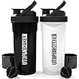 Utopia Home Shaker Bottle 2 Pack - 24 Ounce Plastic Protein or Cocktail Shaker Bottle for Pre & Post workout with Twist & Lock Protein Box Storage (All Black & Clear/Black)
