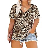 RITERA Plus Size Womens Summer Short Sleeves Tops V Neck T Shirts Basic Tops Leopard Print Blouses Brown Leopard 4XL