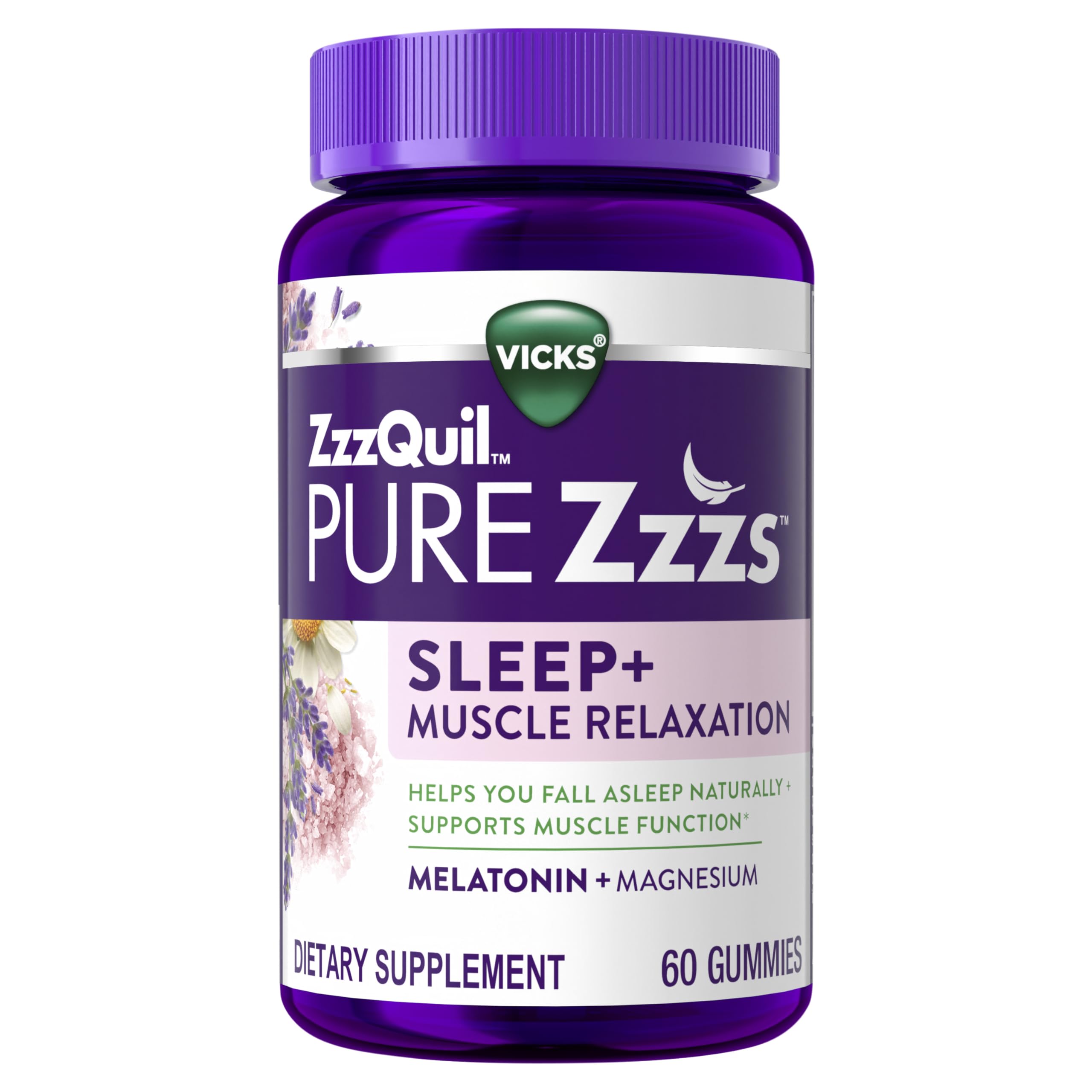 View 1 of ZzzQuil Pure Zzzs Muscle Relaxation Melatonin Sleep Aid Gummies, Supports Muscle Function, Helps You Fall Asleep Naturally, Fast, Melatonin + Magnesium, No Next-Day Grogginess, Drug-Free, 60ct