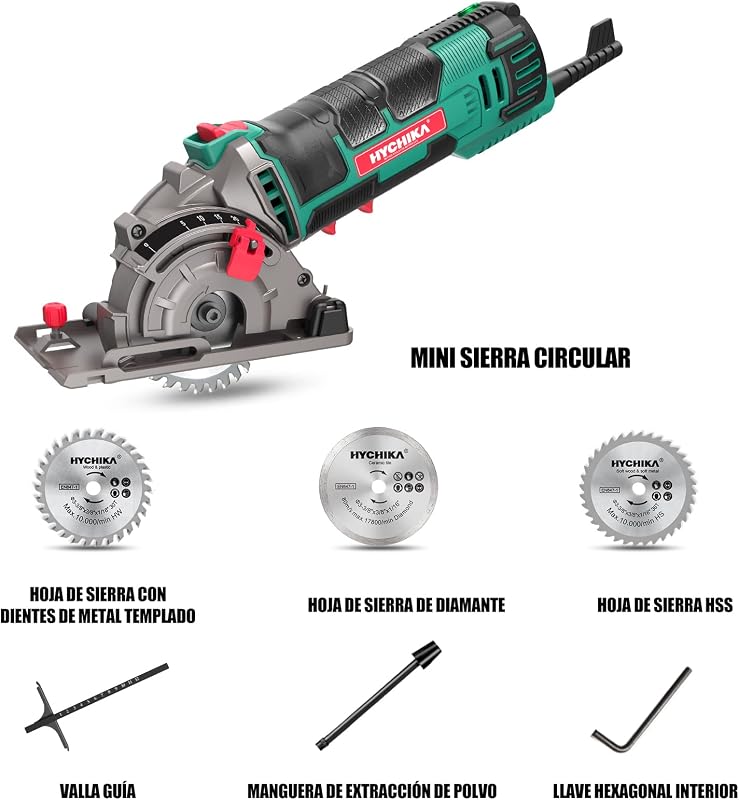 Mini serra circular portátil hychika, serra circular de 500 w, motor de cobre puro de 4500 rpm, 3 lâminas de 30t + 36t + diâmetro, ideal para cortar azulejo, madeira, metal macio, plástico