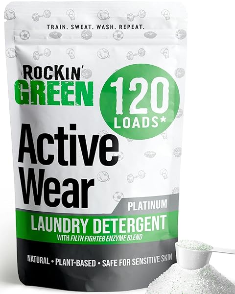 ROCKIN’ GREEN LAUNDRY DETERGENT, PLANT BASED, ALL NATURAL LAUNDRY DETERGENT POWDER, VEGAN AND BIODEGRADABLE ODOR FIGHTER, SAFE FOR SENSITIVE SKIN (ACTIVE WEAR 120 LOADS – UNSCENTED)
