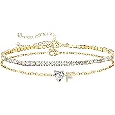 ABDOT Gold Bracelets for Women Trendy Dainty 14K Gold Plated Layered Initial Tennis Bracelets for Women Non Tarnish A-Z Heart Letter Charm Gifts for Mom Best Friend