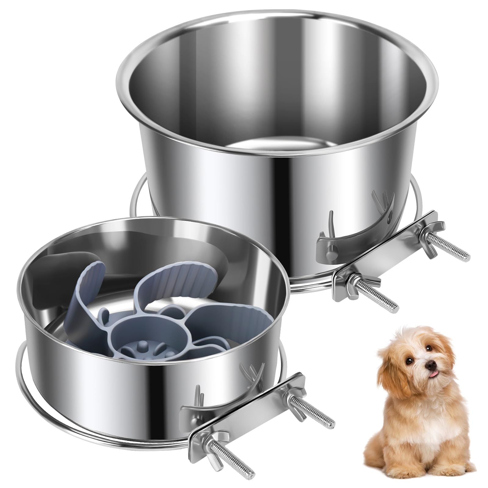 Photo 1 of 2 Pcs Large Pet Dog Food Water Bowl with Slow Feeder Insert for Cage, Crate Stainless Steel Non-Spill Kennel Hanging Cat Bowls with Clamp Holder for Medium Large Dogs (7.1x3.5'' & 6.3x2.6'')