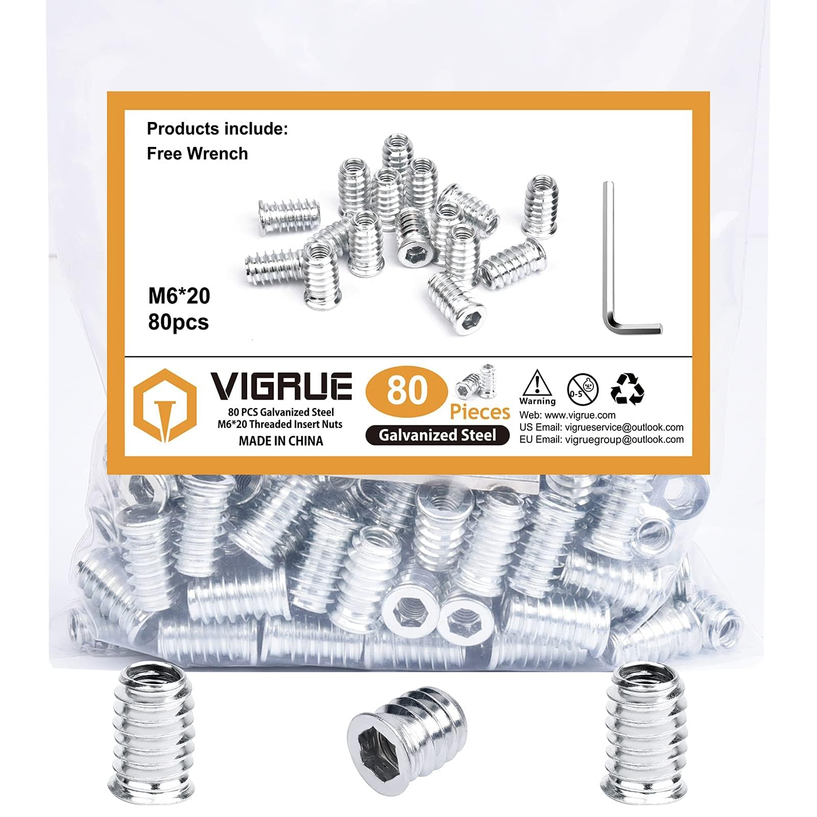 VIGRUE Screw Nut M6 x 20 mm, Threaded Insert Wood Pack of 80 Hexagon Socket for Wooden Furniture Threaded Insert Nuts Hex Hex Nuts Made of Galvanised Steel