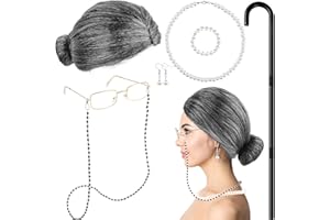 Kavoc Old Lady Costume for Kids Granny Wig Old People Walking Cane Faux Pearl Bead Necklace for Halloween Grandma Costume
