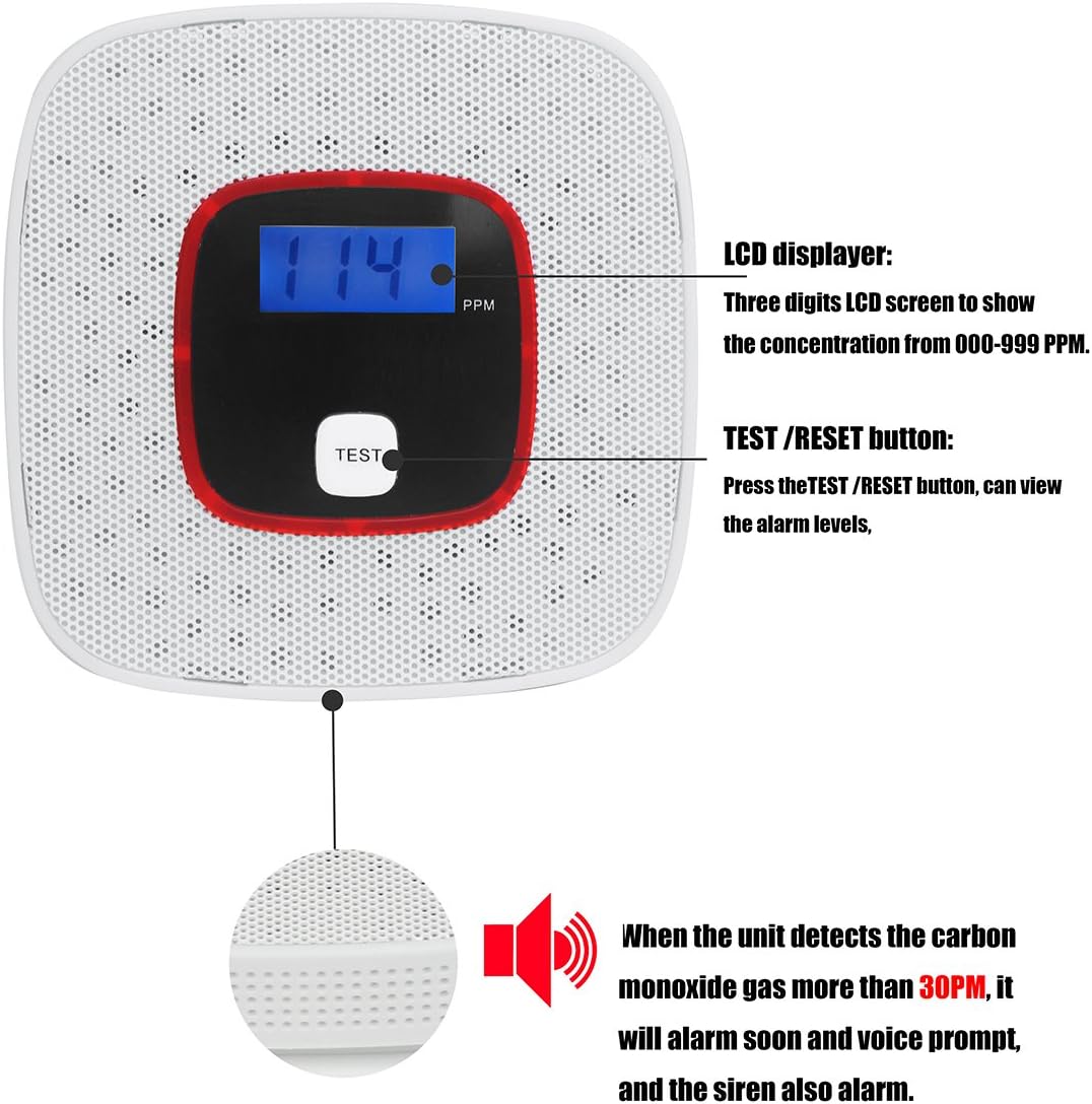 Carbon Monoxide Detector 3 Pack CO Alarm Detector Voice Notification, LCD Digital Display, Battery Operated for House, Bedroom, Living Room, Garage, Hotel, Office (AAA Batteries NOT Included) - - 