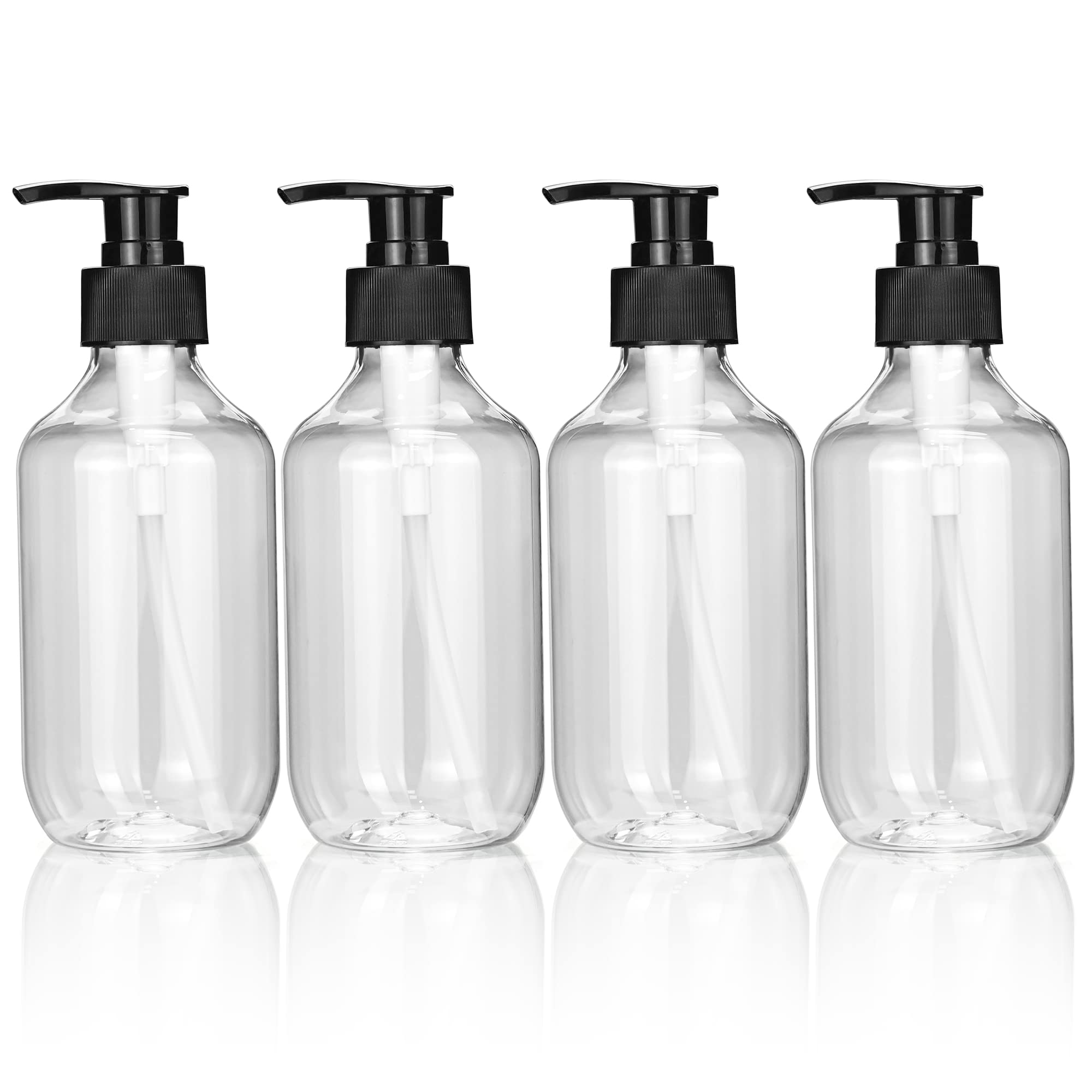 4Pcs Empty Press Pump Bottles, 300ML Refillable Bottle for Cooking Sauces, Plastic Liquid Soap Dispenser Refillable Container for Essential Oils, Lotions, Shampoo, Conditioner