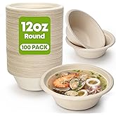 W&Y 12 oz Paper Bowls, 100-Count Disposable Compostable Bowls, Microwave Safe & Heavy Duty, Biodegradable Sugarcane Fiber Bowl for Hot Soup, Salad, Snacks, and Party Use
