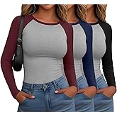 Locoowai 3 Pack Women's Long Sleeve Shirts Fitted Color Block Baseball Tee Raglan Crew Neck Layering Tops