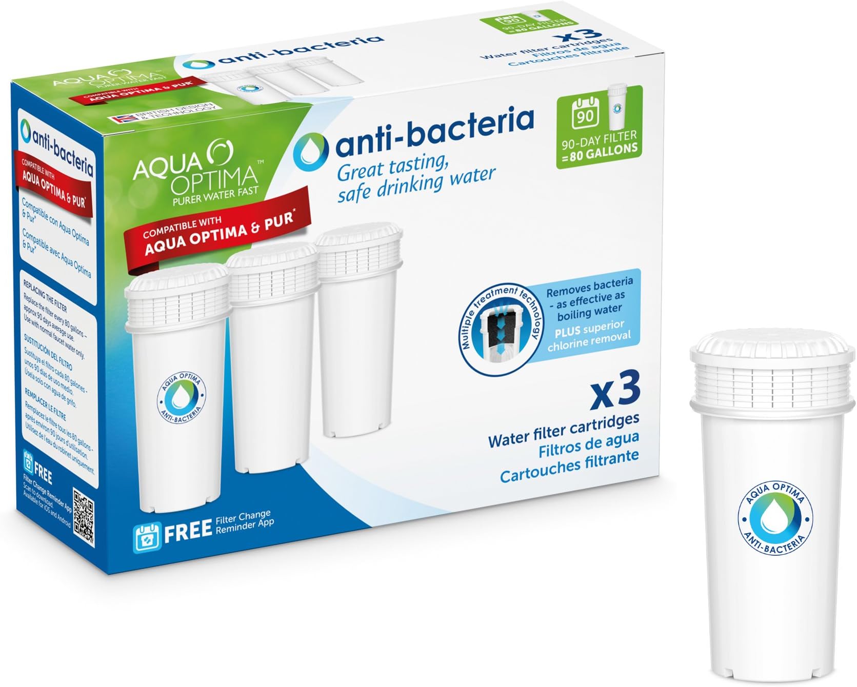 Aqua Optima Anti-bacteria Water Filter 3 pack - as effective as boiling water