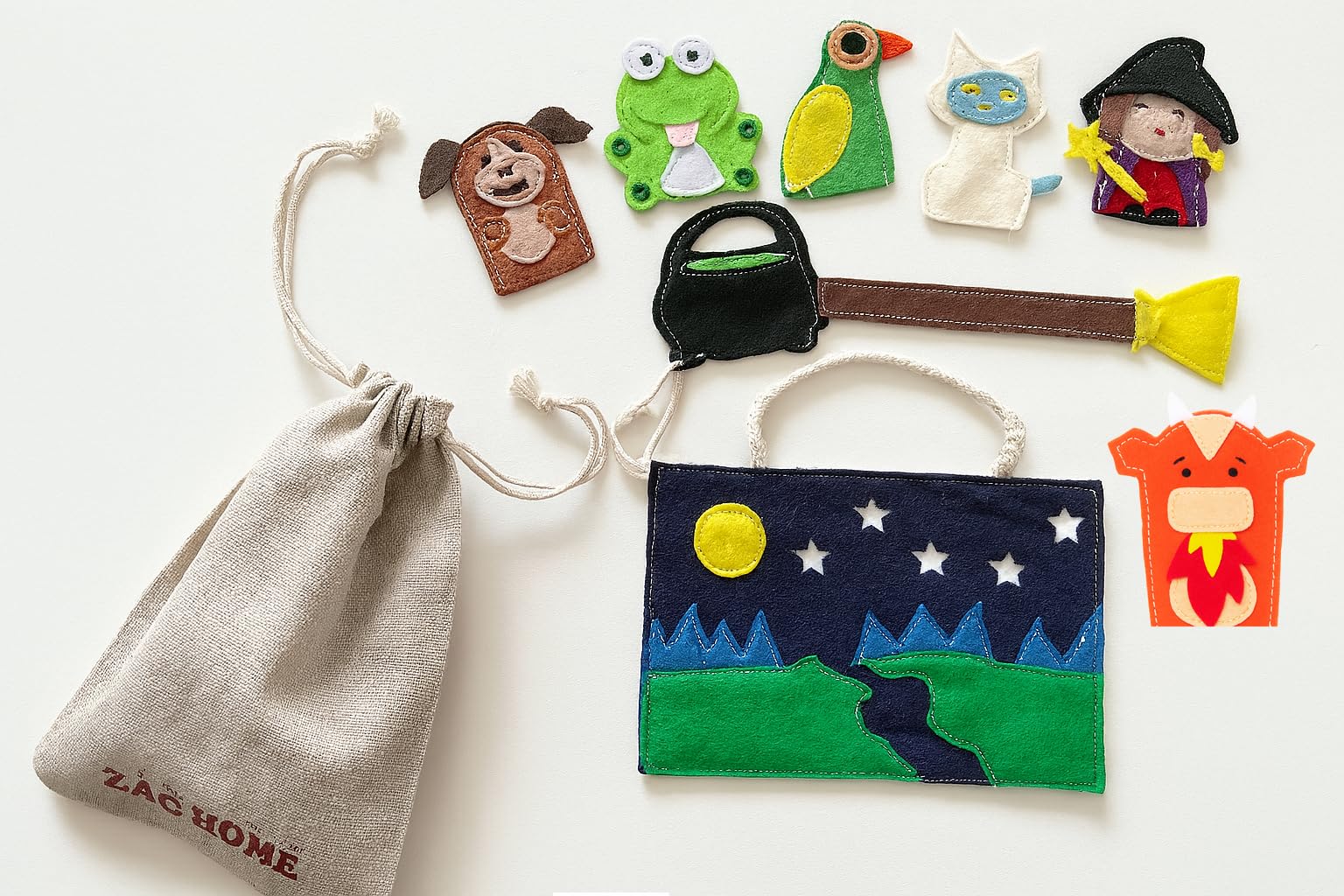 ZAC HOME Felt Finger Puppet Set, 7 Pieces with Witch Dragon and Animals, Ages 3+, Multi-coloured