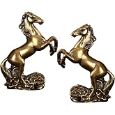 MHYGKTXRA 2pc Vintage Antique Brass Horse Figurine - Solid Brass Long Tail Equine Miniature - Feng Shui Home Decor, Collectible Animal Ornament