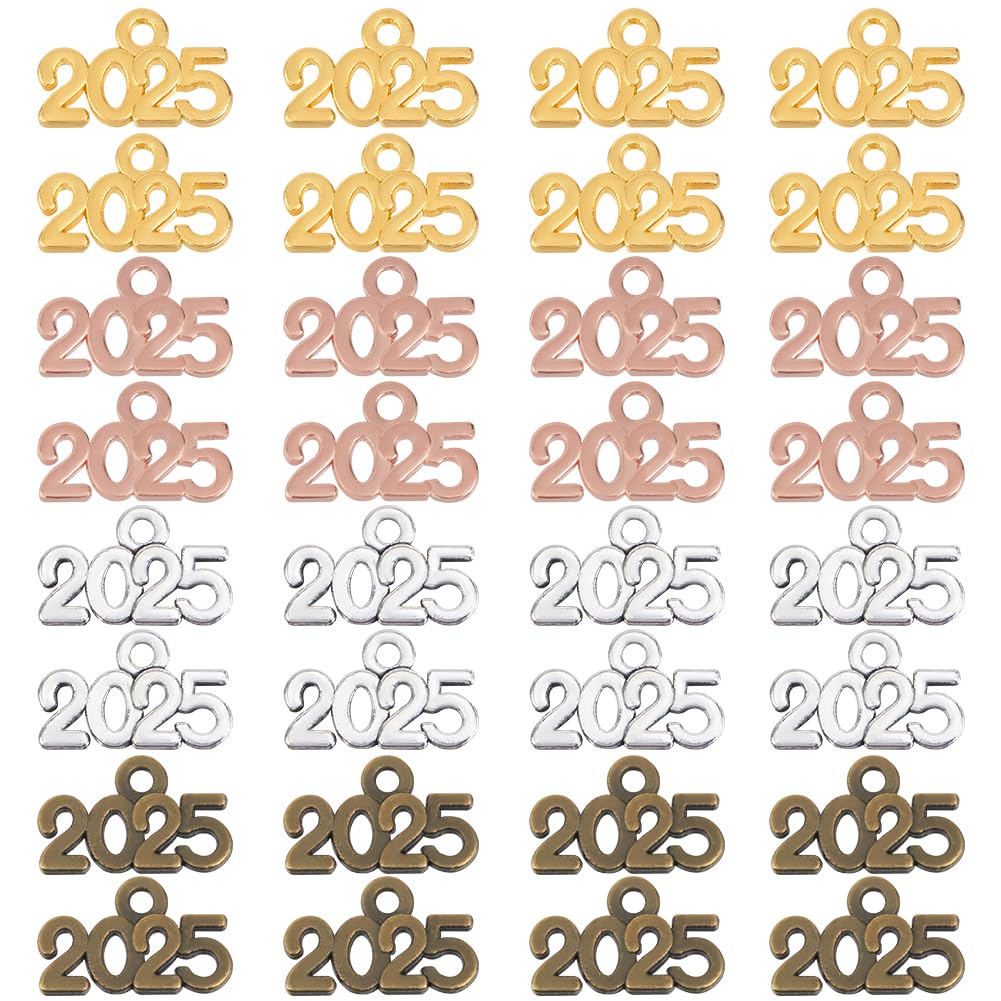 SOFPLATE 1 Box 100pcs 2025 Charm Bulk Gold Year Charms Alloy Rose Gold Antique Silver Bronze Years Number Letter Charm for jewellery Making Charms Graduation Tassel Necklaces Bracelets Crafts DIY