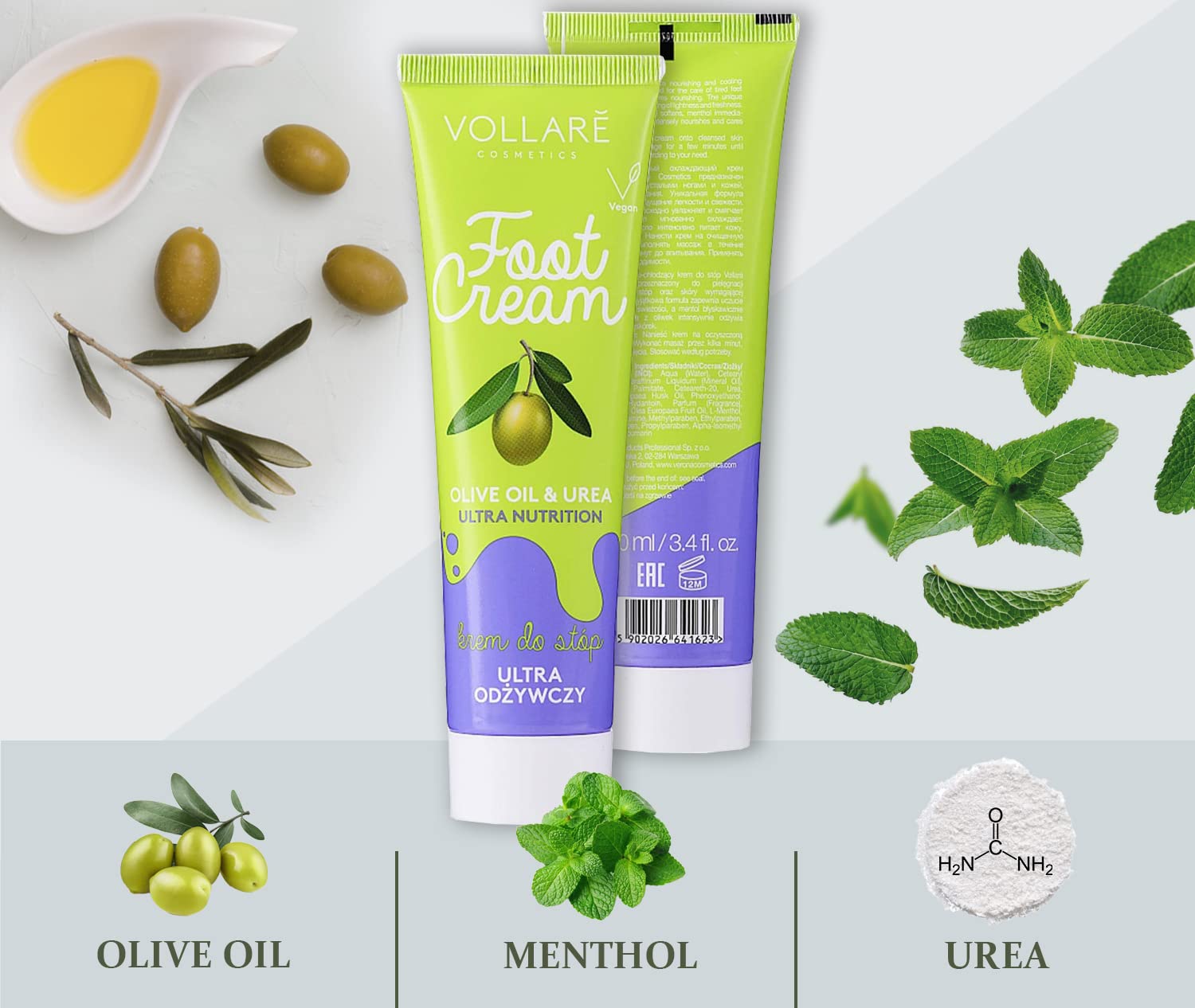 VERONA PRODUCTS PROFESSIONAL Urea Foot Cream for Dry Cracked Feet with Olive Oil - Athletes Foot Treatment Cooling Effect - Nourishing Foot Repair Cream
