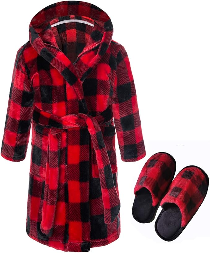 Kids Coral Fleece Robe with Slippers Boys Girls Soft Plush Hooded