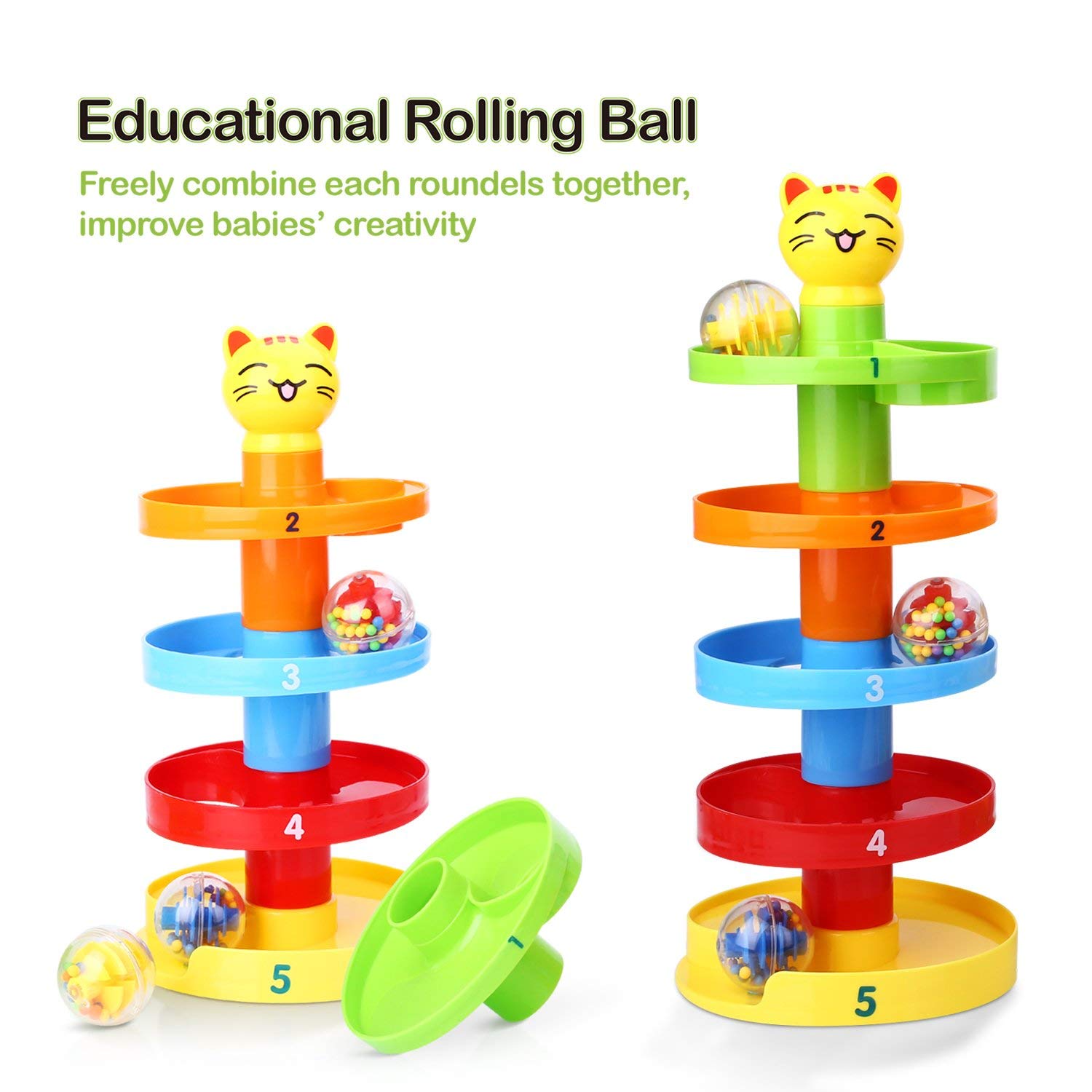 Peradix Swirl Ball Ramp Toddlers Ball Drop Toy Educational Puzzle Rolling Ball Bell Stacker for Kids Activity Center Games (Cat)