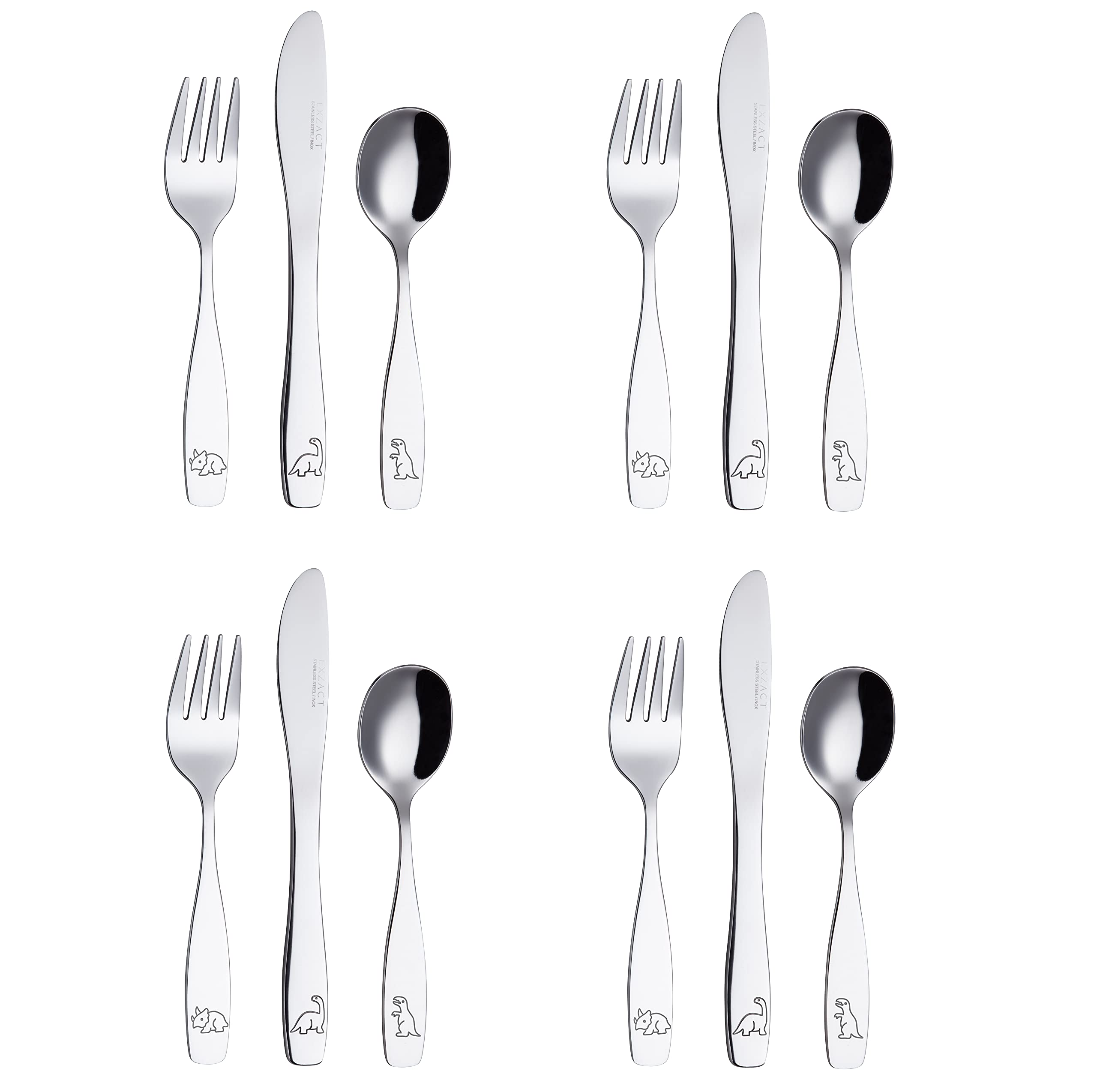 Exzact Children's Cutlery Stainless Steel 12pcs Set/Kids Cutlery - 4 x Forks, 4 x Safe Dinner Knives, 4 x Table Spoons - Engraved Design (Dinosaur x 12)