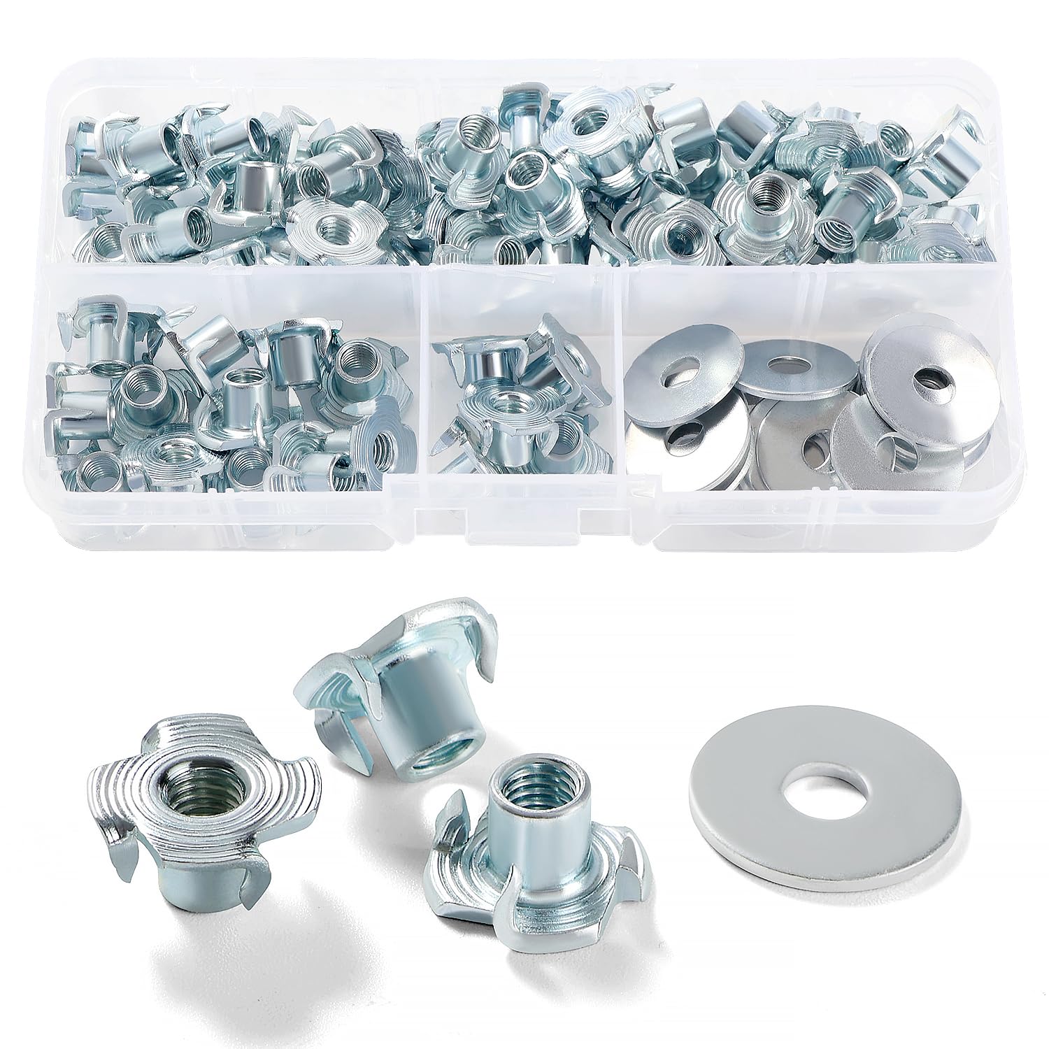 Lyeteung 60 PCS M5 × 8mm T Nuts, Four Pronged Tee Nuts, Threaded Insert T Nut, with 20 PCS Washers, for Wood, Cabinetry, Furniture