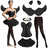 Mepase 6 Pcs Swan Costume for Women Bustier Corset Top Tutu Skirt Wings Pearl Choker Hair Clip Pantyhose