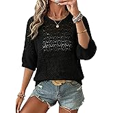 EVALESS Women's Crochet Tops Short Sleeve Hollow Out Knit Sweater Spring Summer Trendy Lightweight Casual Vacation Clothes