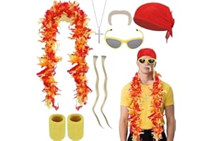 DANHMAO 7 PCS Halloween Wrestler Hogan Costume Kit Includes Wig, Yellow Red Feather Boa, Fake Mustache, Red Bandana & Bracers for Women Men Halloween Cosplay Party Dress Up, Wresting Themed Role Play