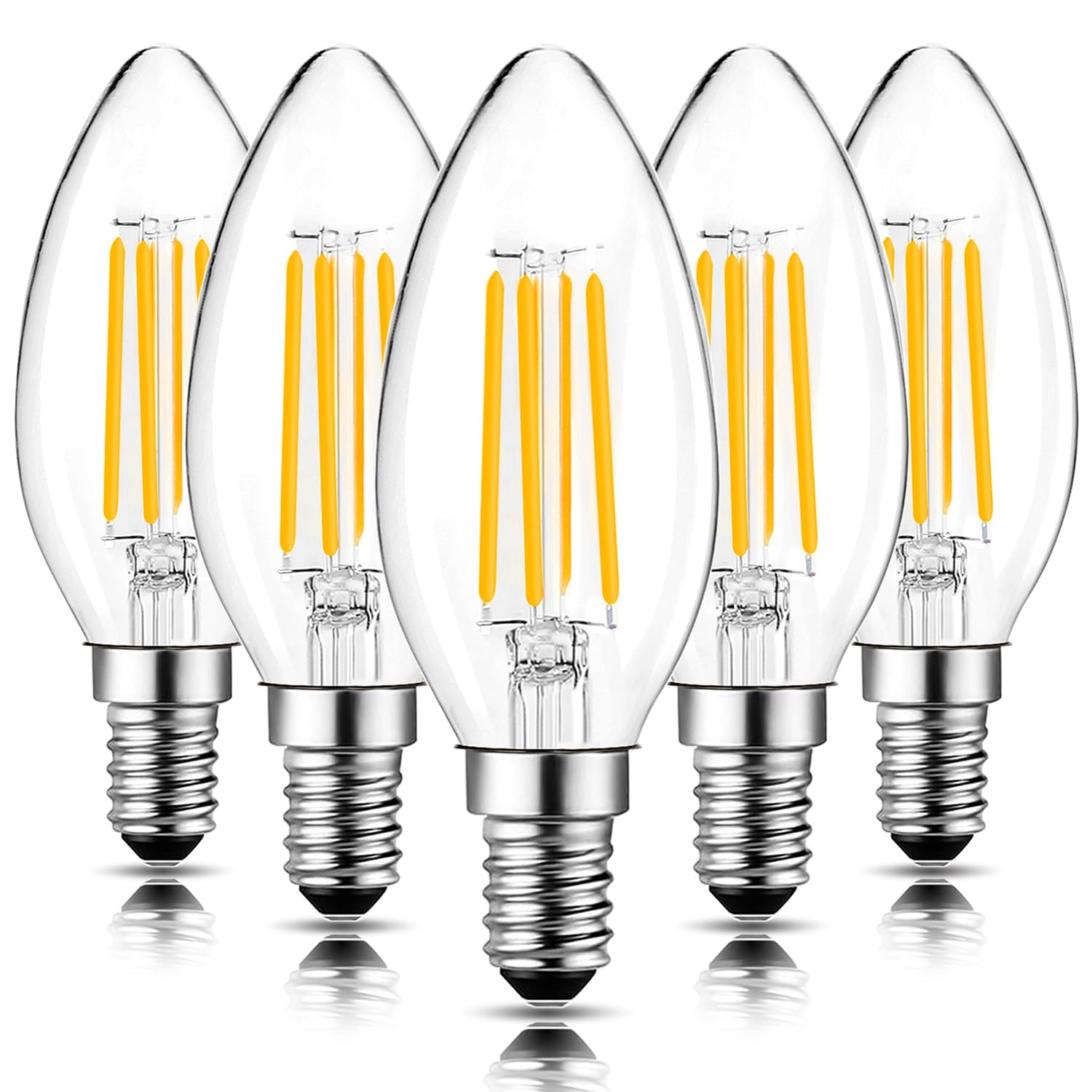ROMANJOY E14 LED Candle Bulbs, 4W Equivalent 40W, 2700K Warm White, C35 Dimmable Edison Light Bulb, Clear Glass LED Filament Chandelier Lamp for Ceiling Fans, 5 Pack