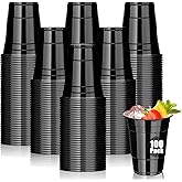 Dualshine 100 Pack Black Plastic Cups 16 oz, Disposable Cups for Party, Heavy Duty Drinking Cups, Halloween Cup for Wedding Birthday Beer Taste Serving Snack Sample Tastings Barbecues Picnic
