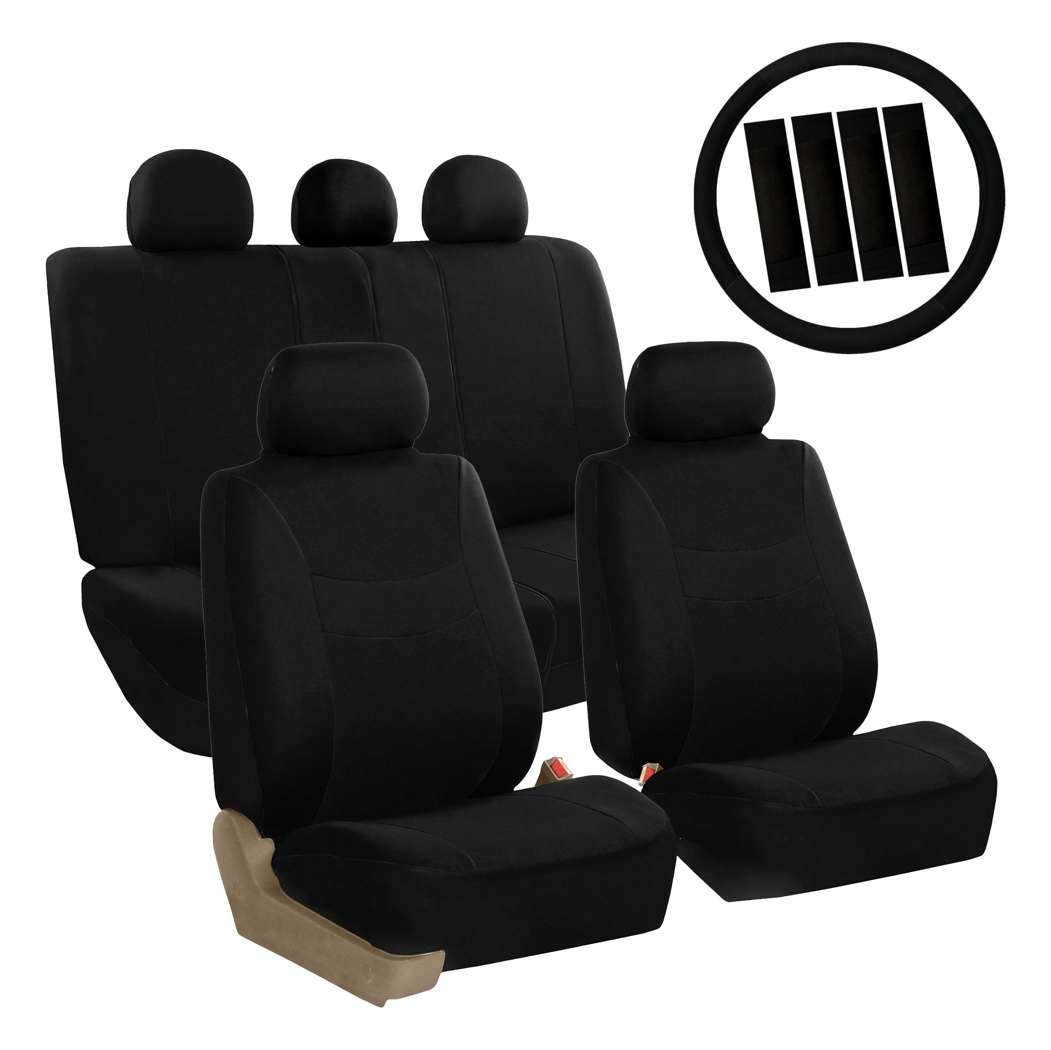 FH Group FB030BLACK115-COMBO Seat Cover Combo Set with Steering Wheel Cover and Seat Belt Pad (Airbag Compatible and Split Bench Black)