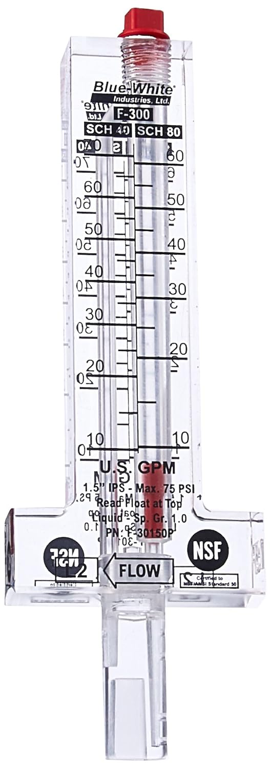 Blue-White Flowmeter for 1-1/2" PVC Pipe, Horizontal Installation