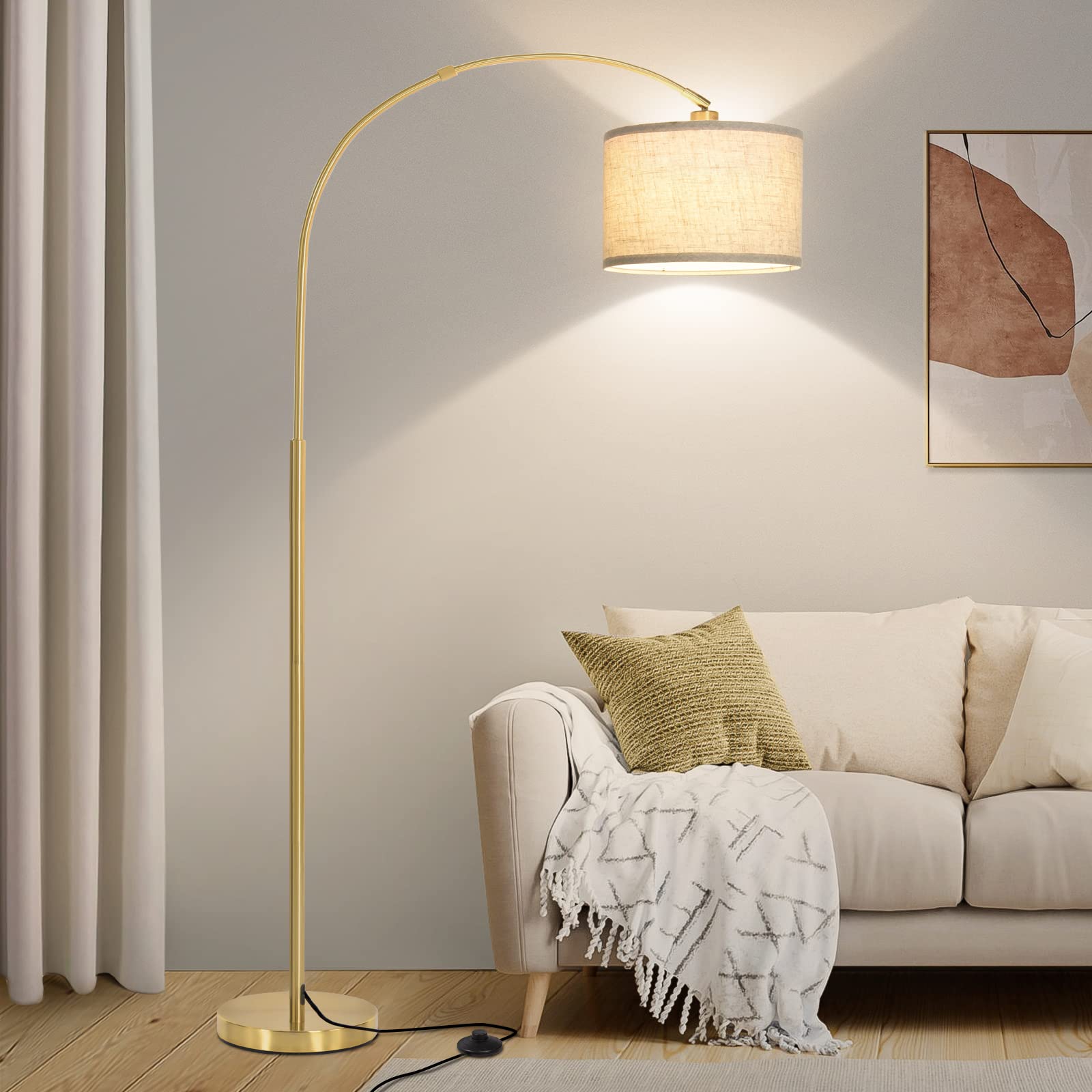 Photo 1 of Gold Floor Lamp, Arc Floor Lamp for Living Room with Adjustable Drum Lampshade, Modern Tall Standing Lamp with On/Off Foot Switch, Over Couch Arched Reading Light for Reading, Bedroom, Office
