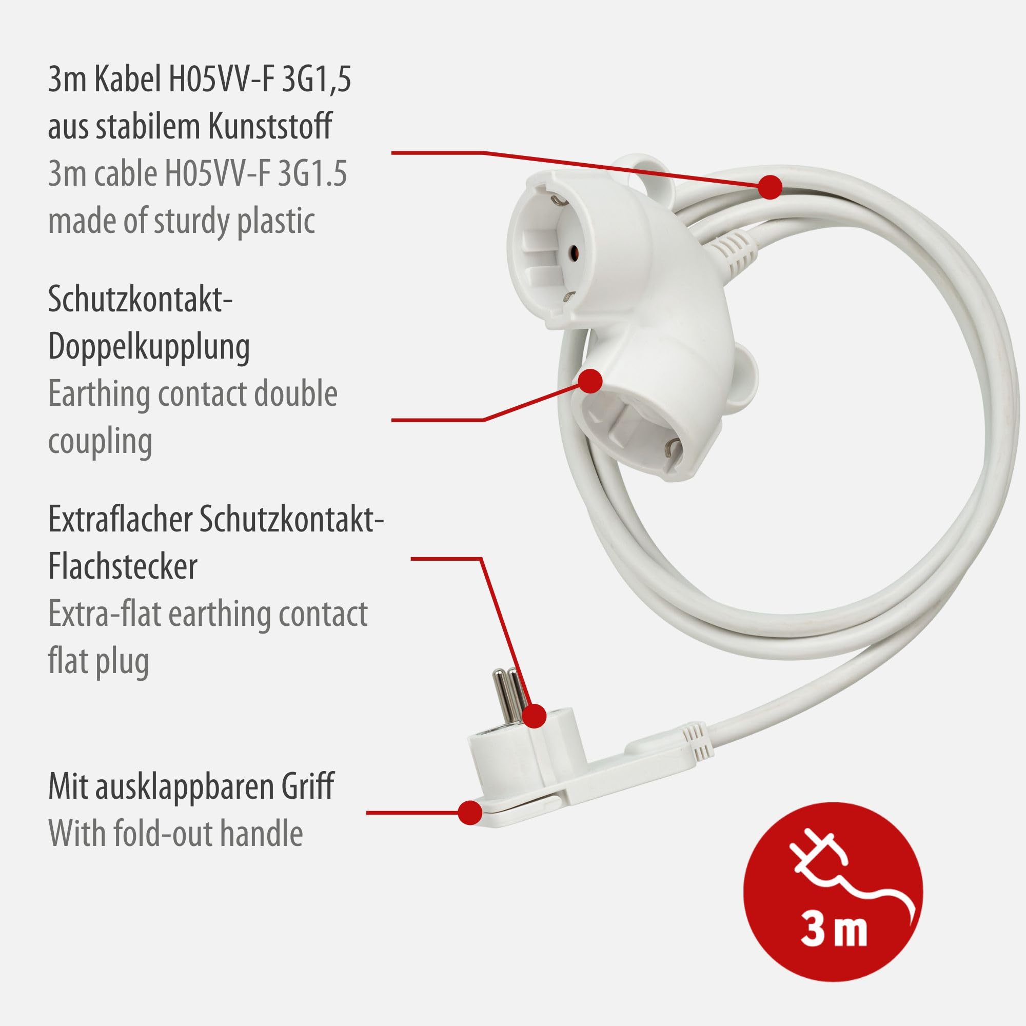 Brennenstuhl Qualitäts-Kunststoff-Verlängerungskabel mit Flachstecker (Verlängerungskabel flach für innen mit 3m Kabel, Strom-Verlängerungskabel mit Doppelsteckdose, 2-Fach Verlängerungskabel) weiß 2