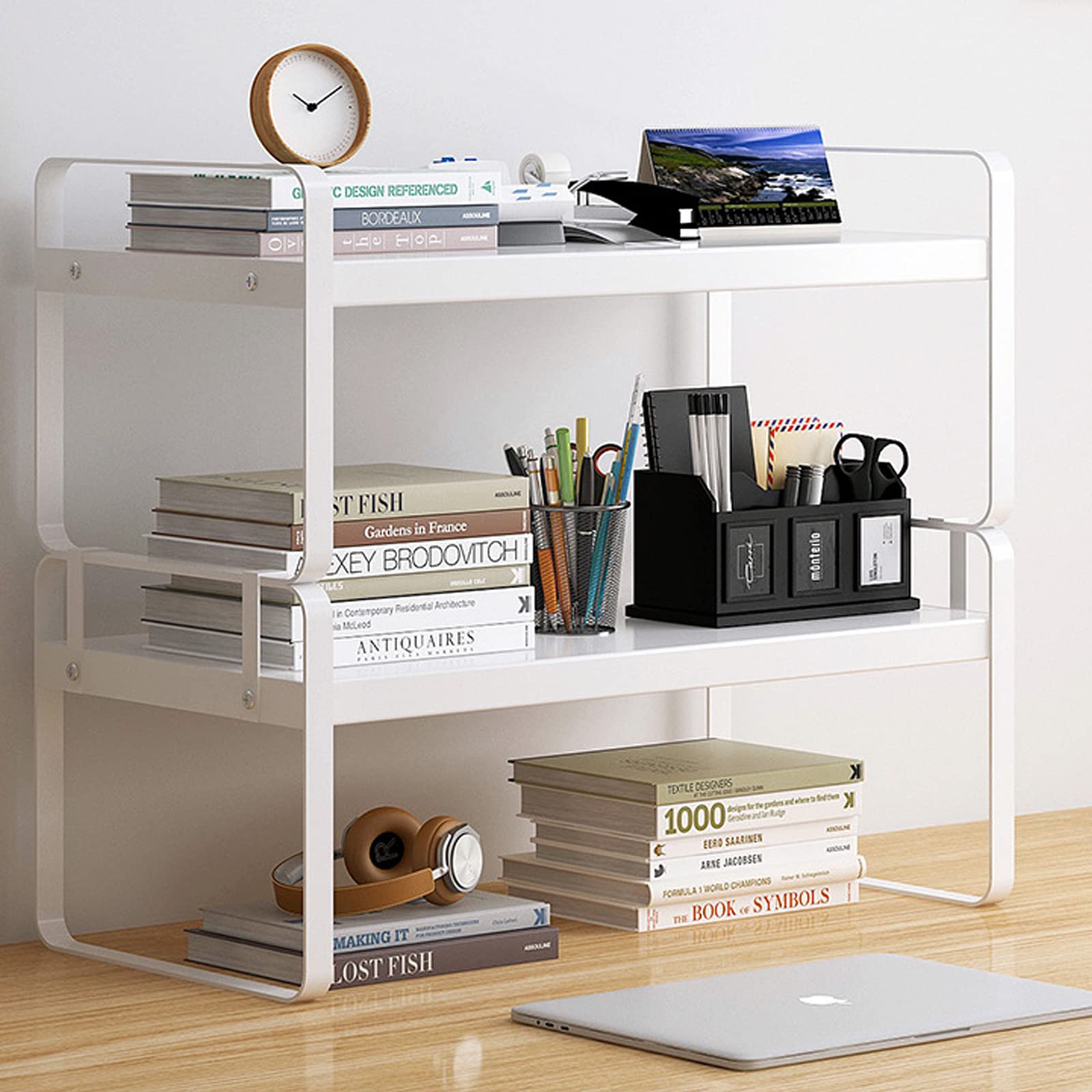 Photo 1 of YGYQZ Wood Office Desk Shelf Organizer - Desktop Supplies Cute Dresser Top Organization Storage Rack and Cubicle Decor Aesthetic Bookshelf for Women Man and Kids (White White-Two Tier)