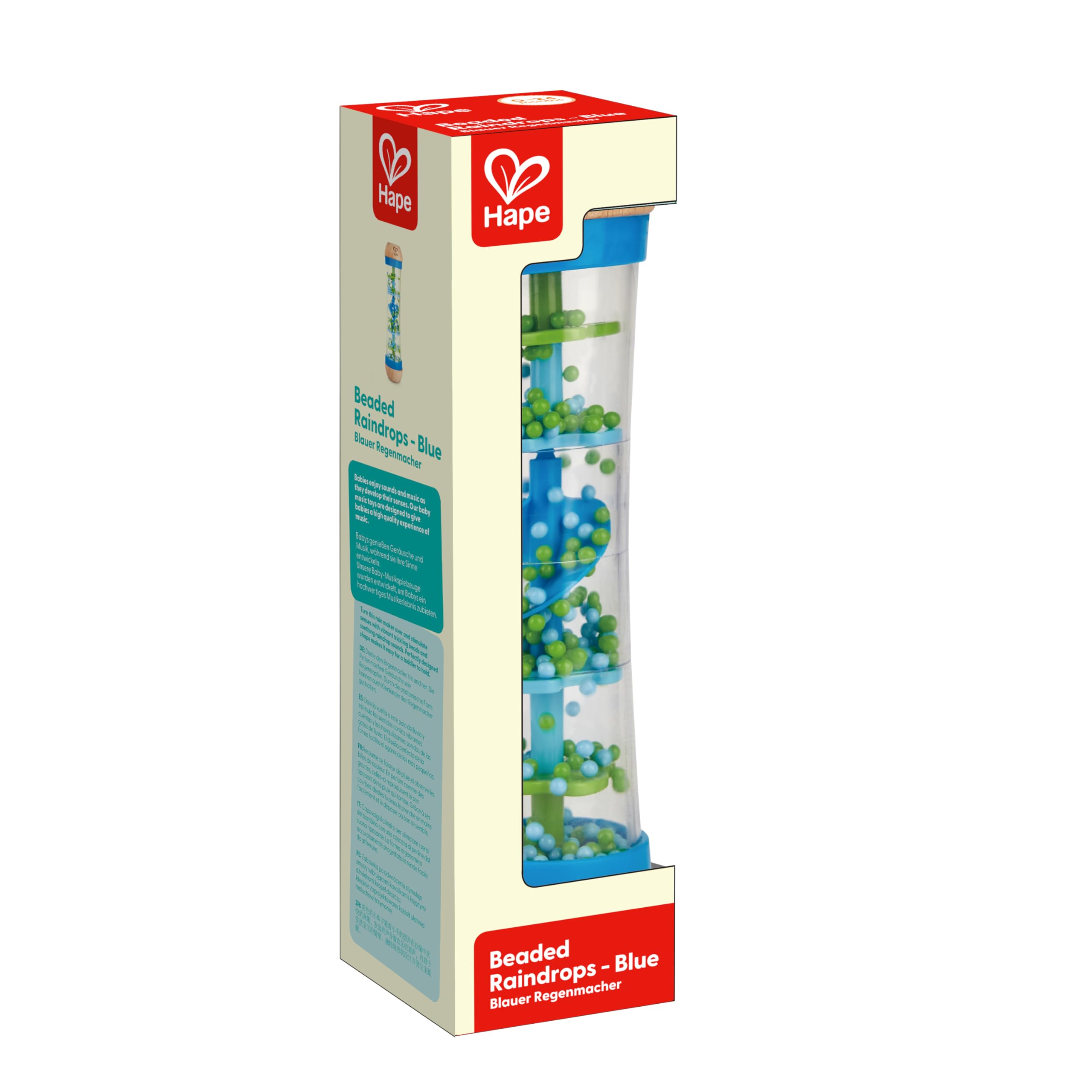 Hape Beaded Raindrops | Mini Wooden Musical Shake & Rattle Rainmaker Toy, Blue, Model Number: E0328B