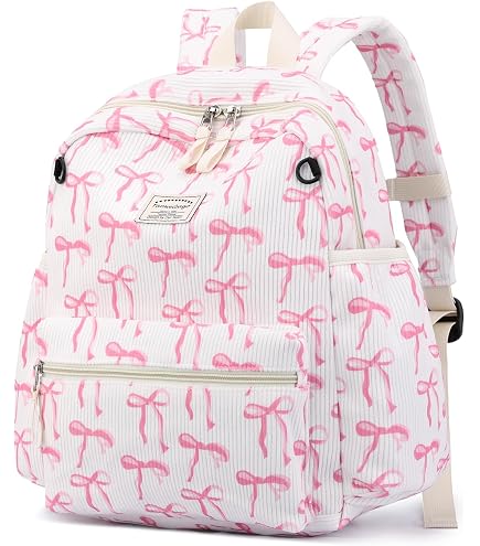 Corduroy School Backpack with Removable Bow Pouch Padded Straps Corduroy Backpack Unisex Lightweight Daypack Backpacks  main image 4