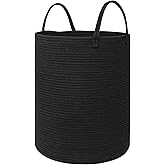 MEGASKET Black Woven Laundry Basket, 15"x18" Tall Basket for Blankets, Wicker Hamper for Bedroom Aesthetic, Decorative Storage Hamper for Clothes, Towel, Rope Storage Bin for Living Room, Bathroom