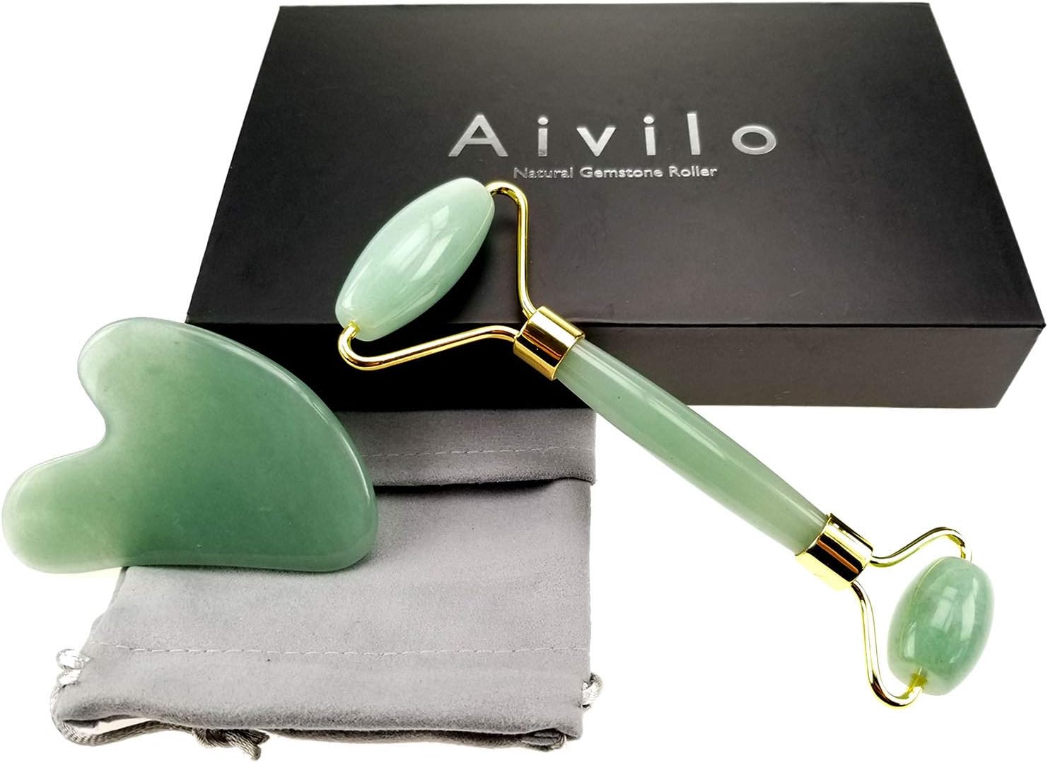 Aivilo Natural Jade Roller and Gua Sha - 2 in 1 Facial Face Roller and Massaging Skin Healing Toning Massage Jade Roller Alternative (Jade - Green)