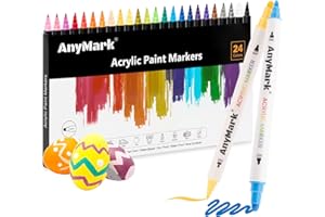 AnyMark 24 Colors Acrylic Paint Markers, Dual Tip with Dot Tip and Fine Tip Premium Acrylic Paint Pens for Stone, Wood, Calligraphy, Glass, Rock Painting, DIY Crafts
