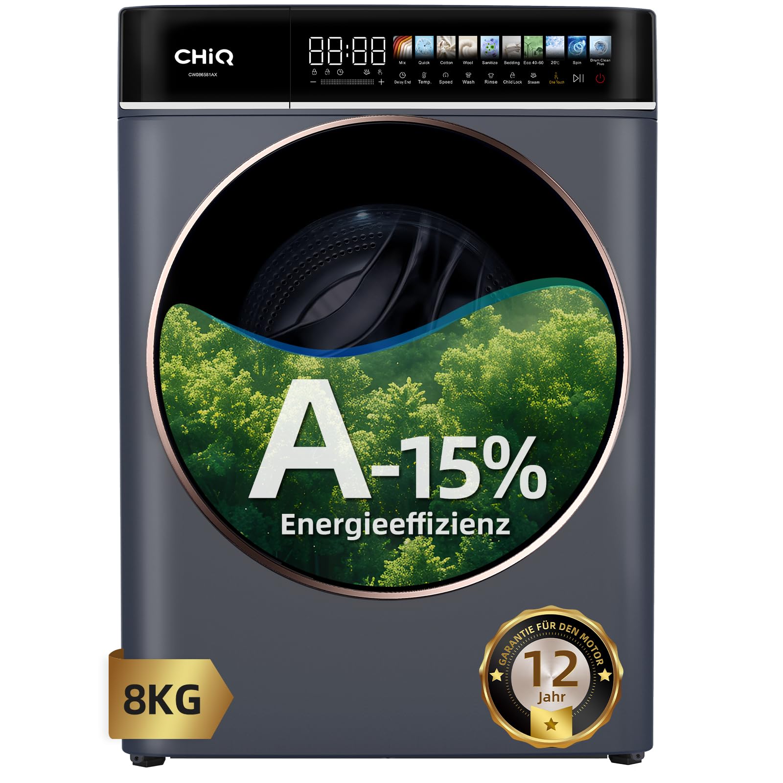 CHiQ Waschmaschine 8kg Frontlader, EEK A-15%, 1400 U/min, 15Min Schnellwäsche｜Touchscreen-Steuerung, Großtrommel, Dampffunktion| 52cm tief, Kindersicherung, Eco 40-60, Schwarz