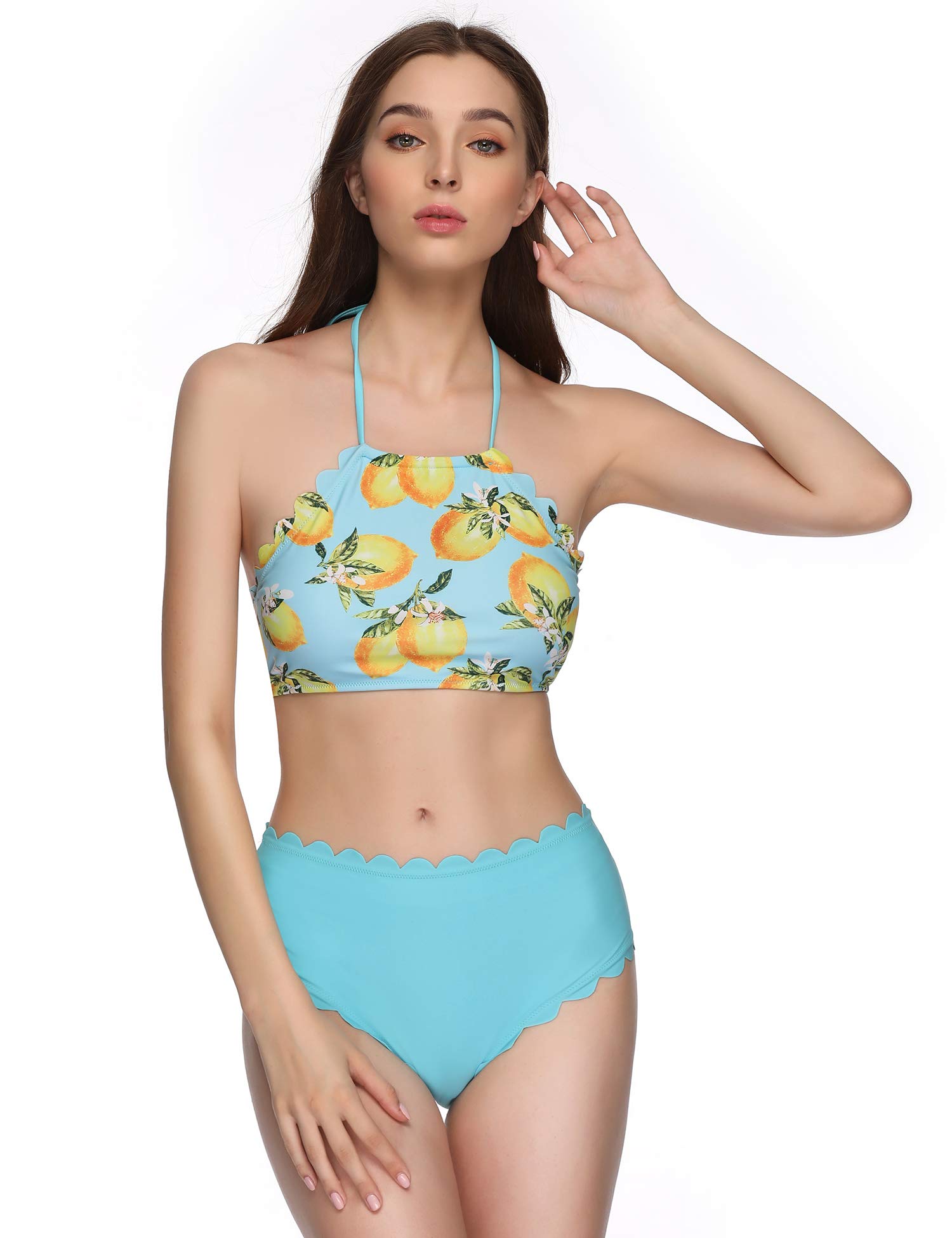 Verano Playa Women\'s Swimsuits High Neck Halter Bathing Suits Two Piece Floral Printed Bikini Set with Wave Edge