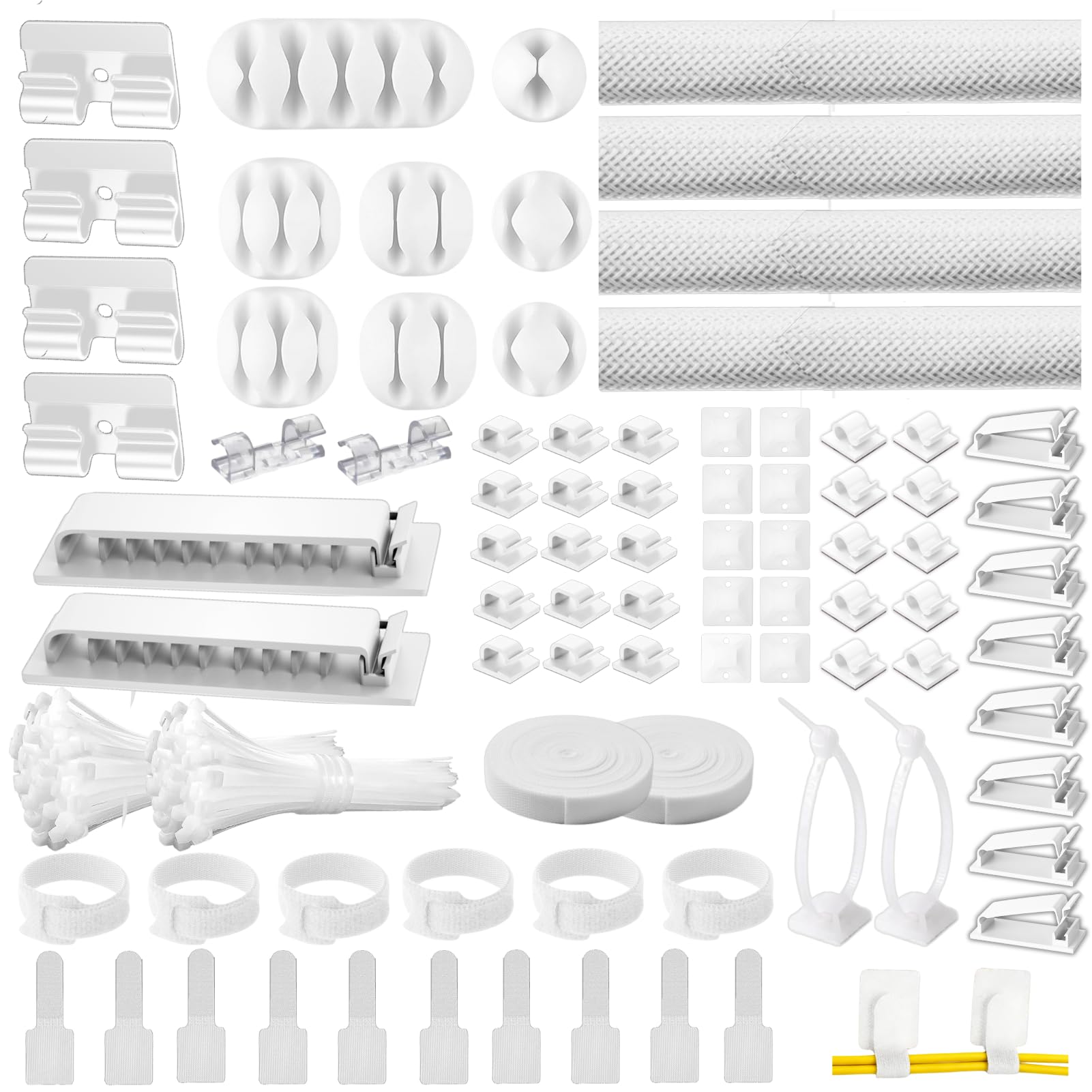 Photo 1 of [313Pcs] Cable Management Kit, 67 Adhesive Cable Clips, Topavatop Desk Cord Organizer, 22 Reusable Cable Strap, 4 Cable Sleeve Split, 200 Nylon Cable Zip Ties with 20 Mounts for TV Office Home, White