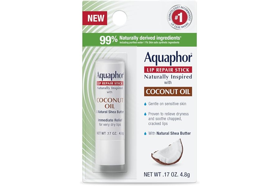Aquaphor Naturally Inspired Lip Repair Stick with Coconut Oil and Natural Shea Butter, Hydrating Lip Balm Immediately Relieves Dryness, 0.17 Oz Stick