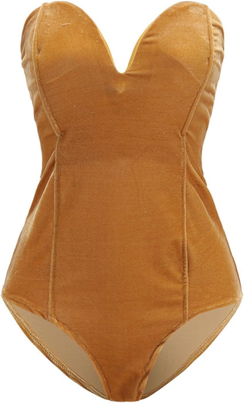 Joeoy Women's Vintage Bandeau Sweetheart Back Lace Up Velvet Bodysuit Jumpsuit Leotard