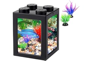 FINDING LAUREL Betta Fish Tank, Mini Aquarium Stackable Cube Tank with Decor, Ant Feeding Case Mini Reptile Box, 3.54" x 3.54" x 4.33" (Black)