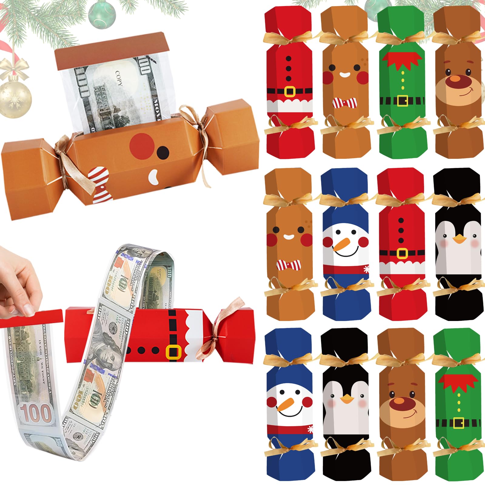 Photo 1 of 12 Pcs Christmas Surprise Money Pull Pouch Christmas Money Box for Cash Gift Pull Xmas Money Holders for Cash for Kid Adult with 120 Pcs Transparent Bag Creative Way to Give Dollar Gift (Classical)