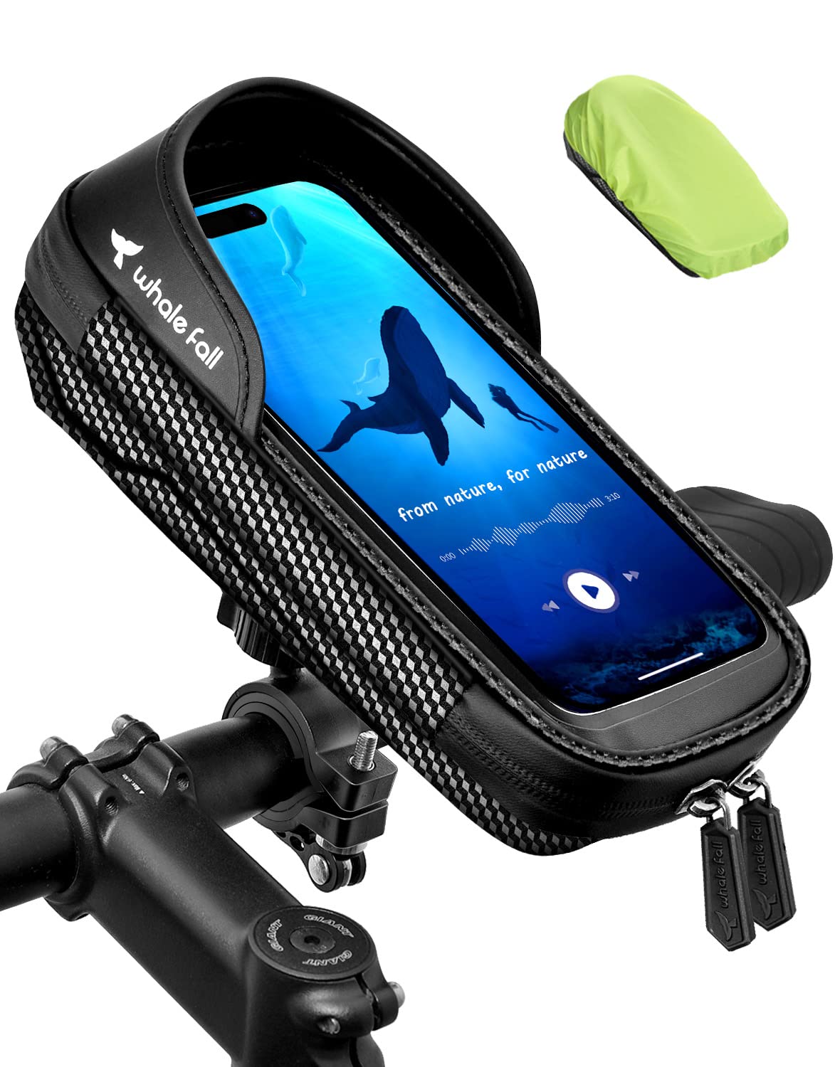 whale fall 360° Rotatable Waterproof Bike Phone Holder, Handlebar Bag with Touchscreen & Storage, Durable Bike Mount for Navigation & Daily Rides, Ideal Cycling Gift for Men, for Phones Under 7"